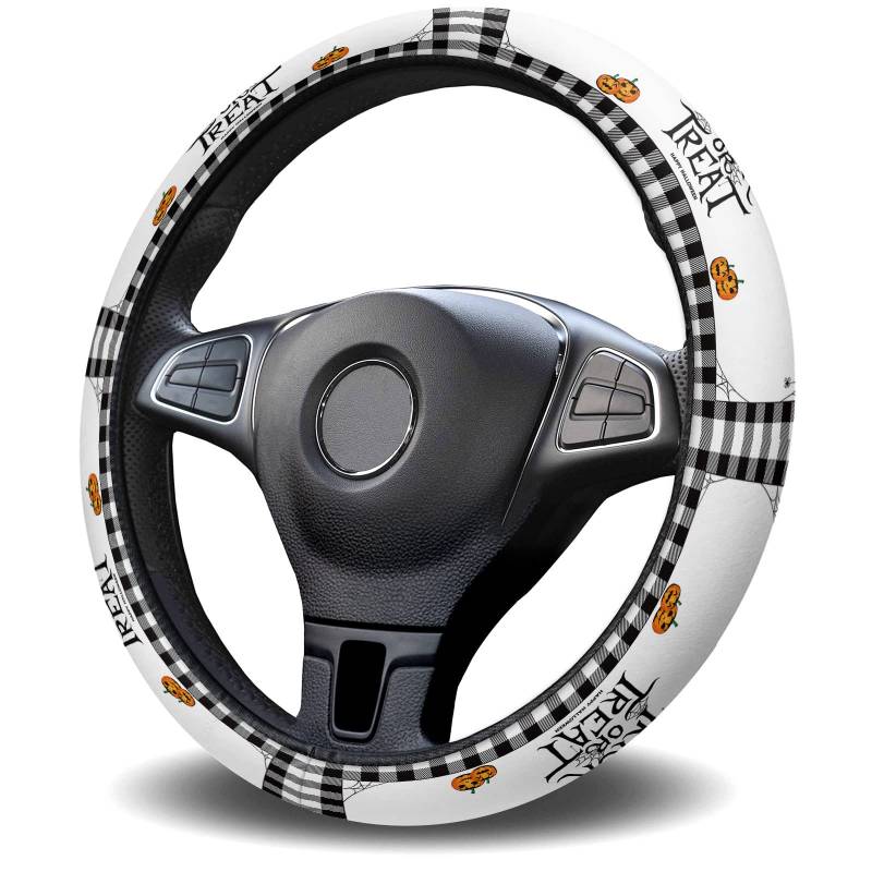 Lenkradbezug Halloween Süßes Oder Saures Niedliches Buffalo Plaid Schwarz Weiß Lenkradschoner Universal Lenkradabdeckung rutschfest Lenkrad Abdeckung Für SUV Fahrzeuge Autos 38CM von Generic