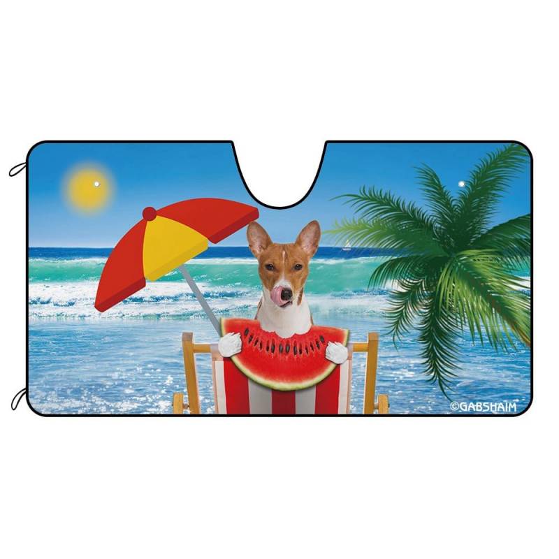 Lustiger Basenji-Hundestrand - Wassermelonen-Palmenmeer Auto Windschutzscheibe Sonnenschutz Uv-Schutz Hitzeschutz Auto Windschutzscheibe Sonnenblende Universal Für Lastwagen SUV Geländewagen von Generic