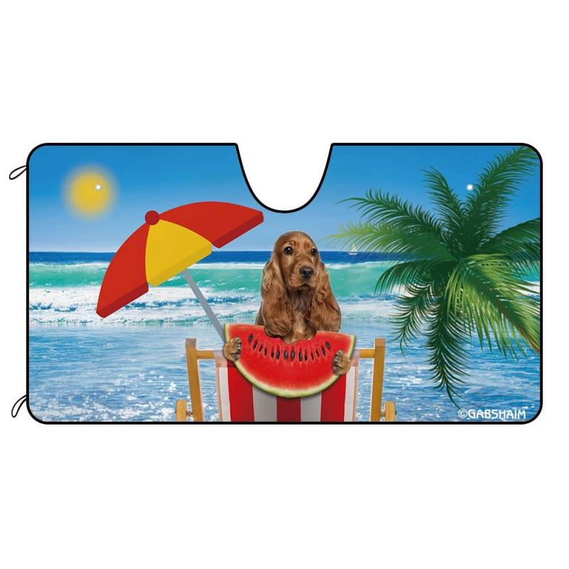 Lustiger Cocker-Hund-Strand - Wassermelonen-Palmen-Meer Auto Windschutzscheibe Sonnenschutz Uv-Schutz Einfache Lagerung Auto Windschutzscheibe Sonnenblende Universal Für Wagen SUV Lastwagen von Generic