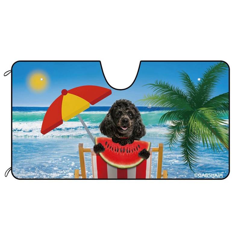 Lustiger Pudel-Hundestrand - Wassermelonen-Palmen-Meer Auto Windschutzscheibe Sonnenschutz Einfache Lagerung Wasserbeständig Sonnenschutz Auto Frontscheibe Universal Für SUV Lastwagen Mpv von Generic