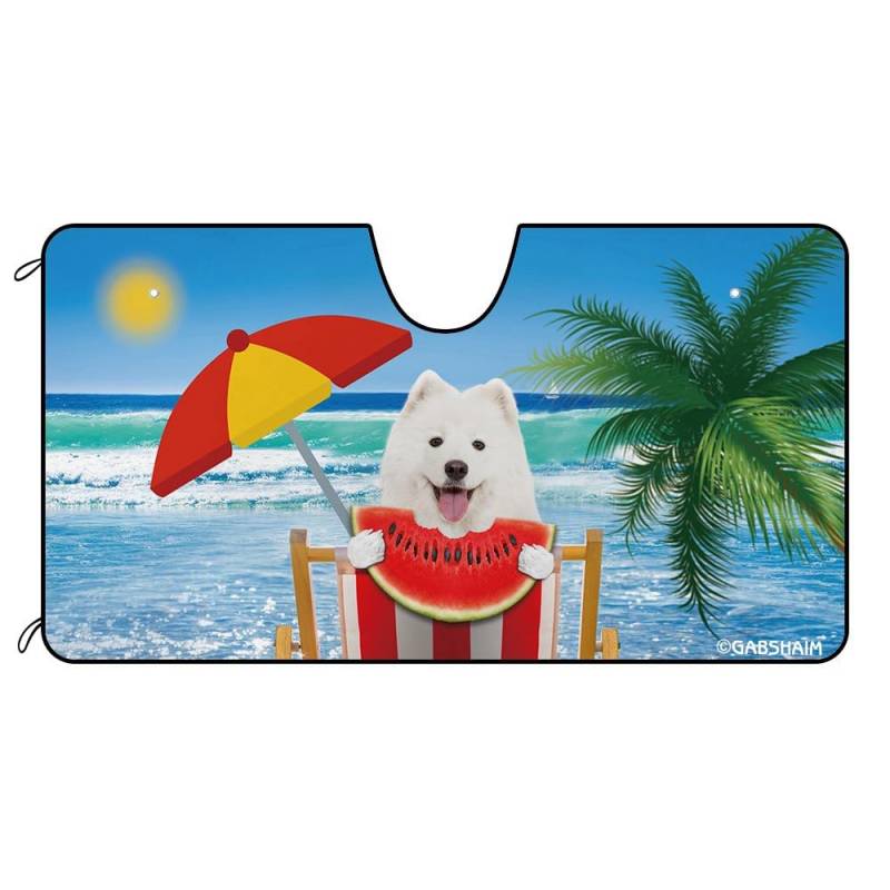 Lustiger Samojede-Hundestrand - Wassermelonen-Palmenmeer Auto Windschutzscheibe Sonnenschutz Wasserbeständig Einfache Lagerung Sonnenschutz Auto Frontscheibe Universal Für Geländewagen Wagen SUV von Generic