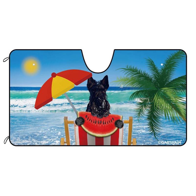 Lustiger Schwarzer Scottish Terrier Hund Strand - Wassermelone Palme Meer Auto Windschutzscheibe Sonnenblende Hitzeschutz Uv-Schutz Auto Windschutzscheibe Sonnenschutz von Generic
