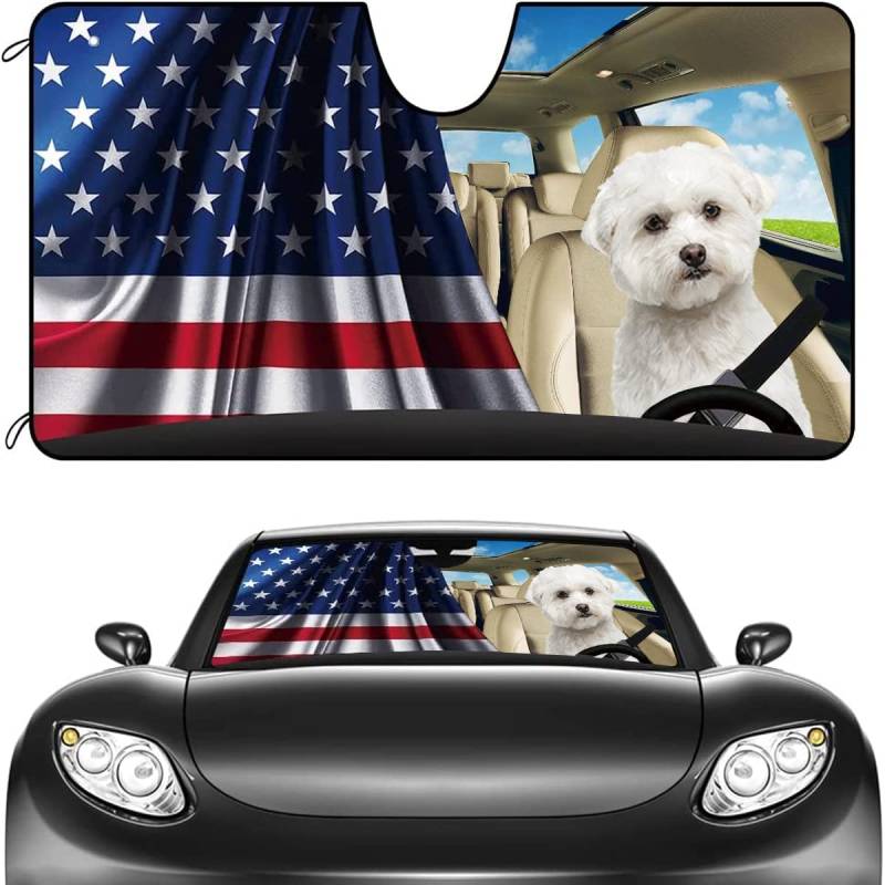 Malteser Hund, Malteser Hundeführer Amerikanischer Unabhängigkeitstag Auto Windschutzscheibe Sonnenblende Hitzeschutz Sonnenschutz Auto Frontscheibe Universal Für Lastwagen Sommer SUV von Generic