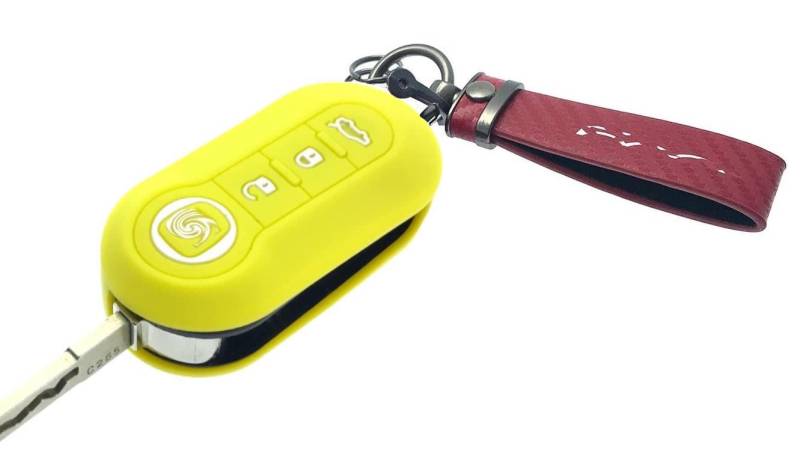Nordecco Schlüsselhülle aus Silikon mit Schlüsselring, passend für Fiat 500 500L Lounge Abarth Grande Punto Brava Panda Stilo Linea, Gelbes Gehäuse, roter Schlüsselanhänger von Generic