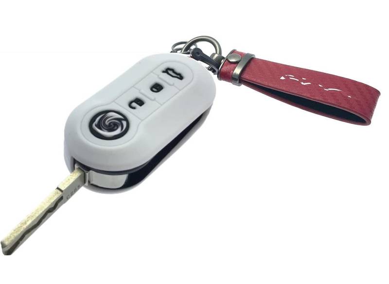 Nordecco Schlüsselhülle aus Silikon mit Schlüsselring, passend für Fiat 500 500L Lounge Abarth Grande Punto Brava Panda Stilo Linea, weißes Gehäuse, roter Schlüsselanhänger von Generic