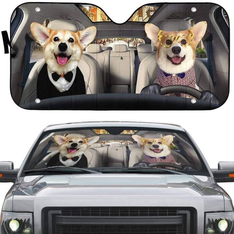 Pembroke Corgi Paar Hunde In Fliege, Süßes Corgi Paar Fahren Auto Windschutzscheibe Sonnenschutz Wasserbeständig Sonnenschutz Auto Frontscheibe Universal Für Meisten Fahrzeuge Lastwagen Sommer von Generic