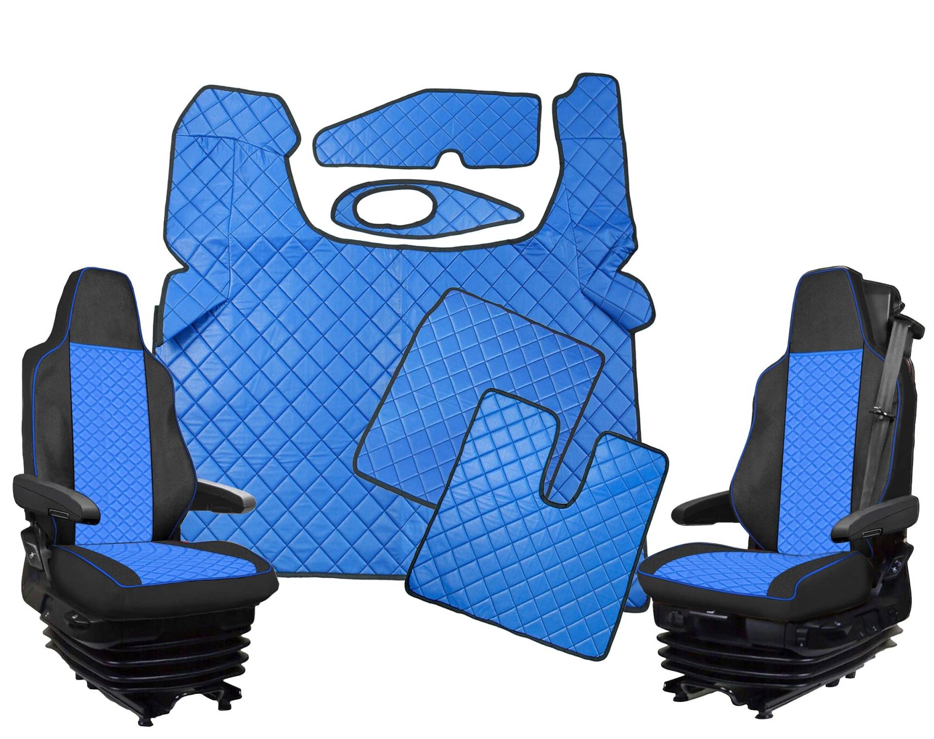 Satz Fußmatten + Sitzbezüge 1+1 Öko-Leder Blau Für LKW TGX ab 2021+ Automatic Trucks Ebenfalls enthalten sind Zwei Armaturenbrettmatten wie abgebildet von Generic