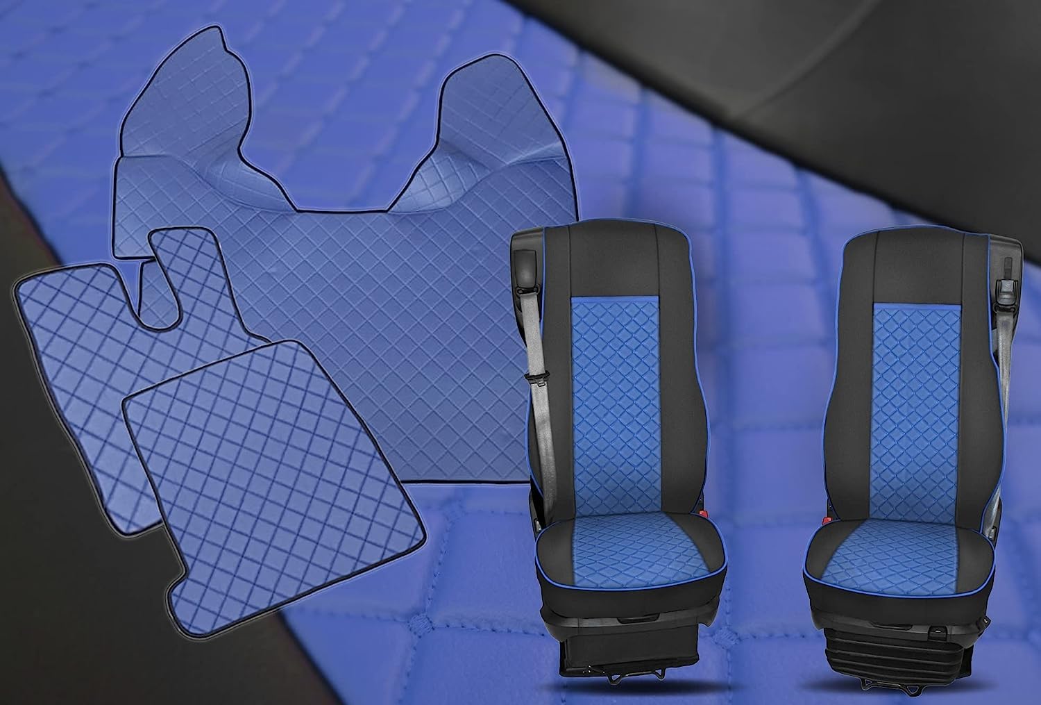Satz Fußmatten + Sitzbezüge 1+1 Öko-Leder Blau Passend Für 106 XF CF Automatic Trucks von Generic