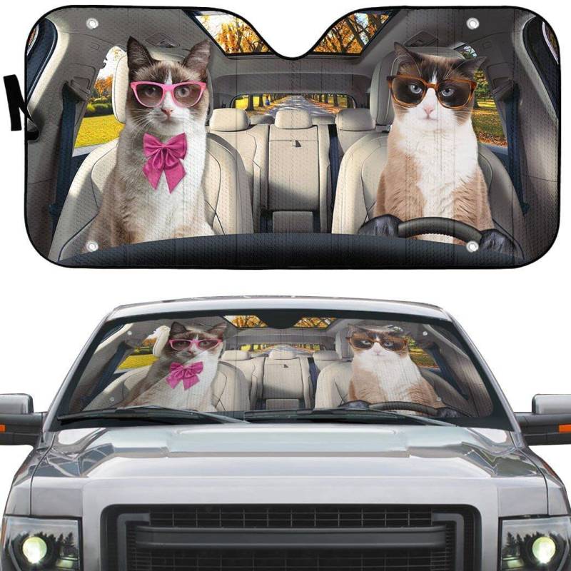 Schneeschuhkatze Mit Brille Auf Einer Herbststraße Auto Windschutzscheibe Sonnenblende Hitzeschutz Auto Windschutzscheibe Sonnenschutz Universal Für SUV Wagen Lastwagen von Generic