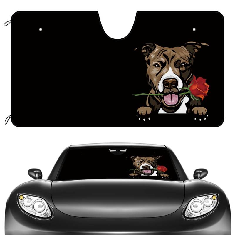 Süßer Pit Dog Mit Blumenrose Auto Windschutzscheibe Sonnenschutz Hitzeschutz Auto Windschutzscheibe Sonnenblende Wasserbeständig Sonnenschutz Auto Frontscheibe Universal Für SUV Wagen Lastwagen S von Generic