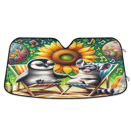 Universal Frontscheibenabdeckung Lustiger Feiertagspinguin Mit Chinchilla Und Riesigen Sonnenblumen Faltbar Frontscheibe Windschutzscheibe Schutz Einfache Lagerung Auto Sonnenschutz Für Sommer S von Generic