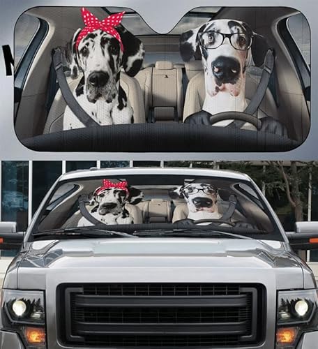 Universal Windschutzscheibenabdeckung Harlekin Deutsche Dogge Hund Paar Fahren Faltbar Frontscheibenabdeckung Einfache Lagerung Auto Windschutzscheiben Abdeckung Für Wagen M von Generic