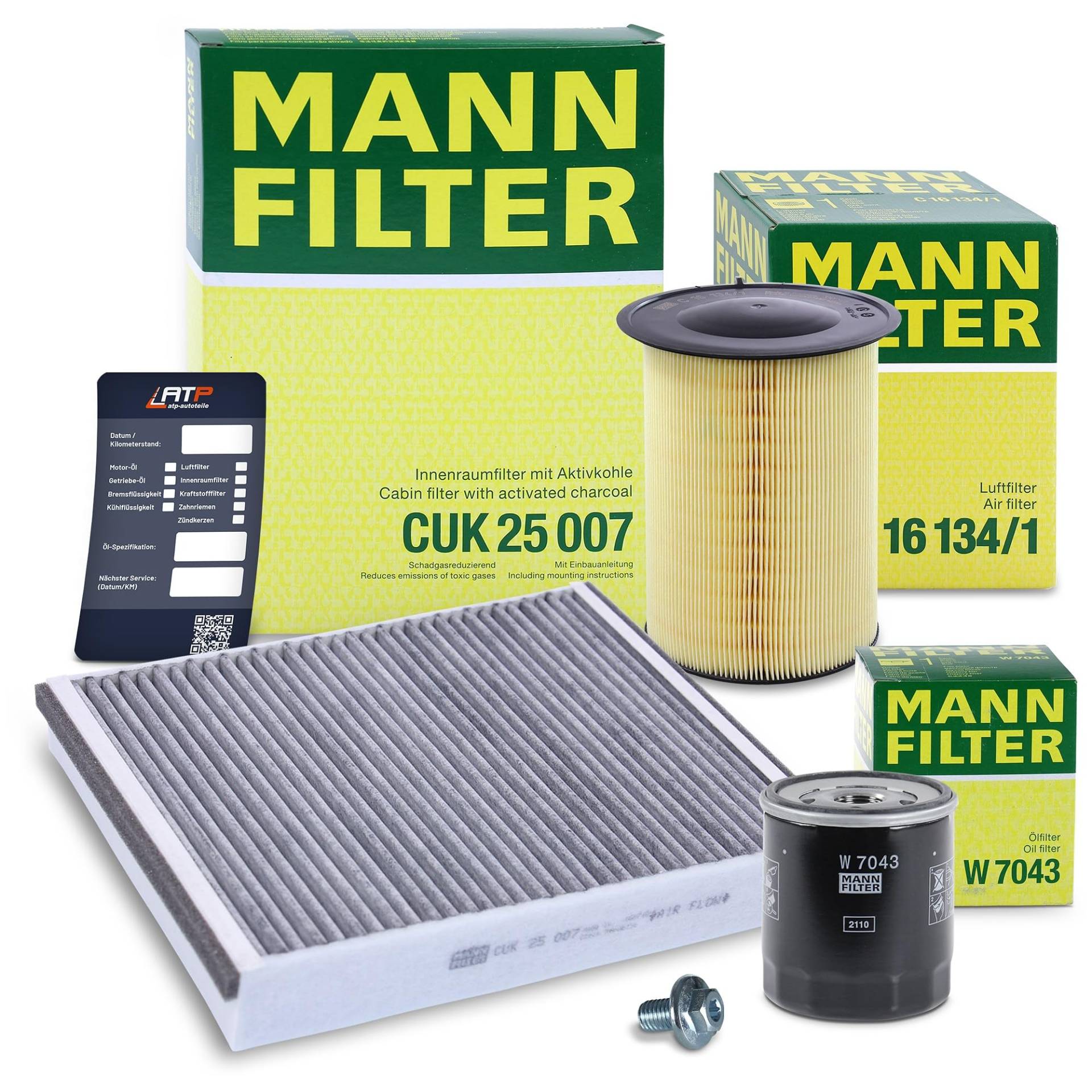 1x MANN-FILTER Ölfilter, 1x MANN-FILTER Innenraumfilter (Aktivkohle), 1x MANN-FILTER Luftfilter, 1x BESTPRICE Ölablassschraube mit Dichtring, von Generisch