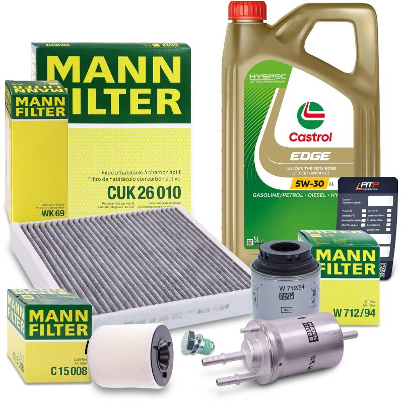 1x MANN-FILTER Ölfilter, 1x MANN-FILTER Kraftstofffilter, 1x MANN-FILTER Luftfilter, 1x MANN-FILTER Innenraumfilter (Aktivkohlefilter), 1x Motoröl 5W-30 LL EDGE FLUID TITANIUM 5l, 1x Ölablassschraube von Generisch