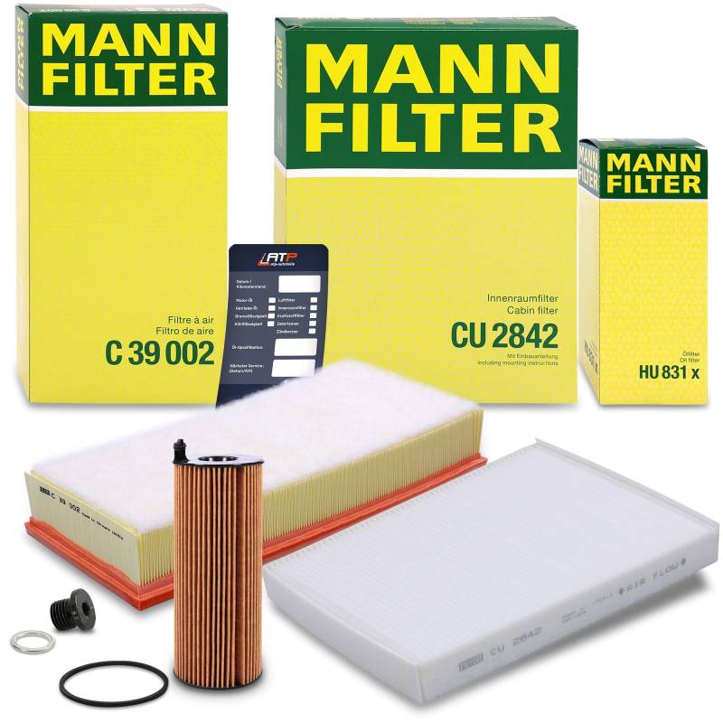 1x MANN-FILTER Ölfilter, 1x MANN-FILTER Luftfilter, 1x MANN-FILTER Innenraumfilter, 1x Ölablassschraube mit Dichtring, 1x Ölwechselanhänger Kompatibel mit AUDI Q7 (4LB), VW TOUAREG (7LA, 7L6, 7L7) von Generisch