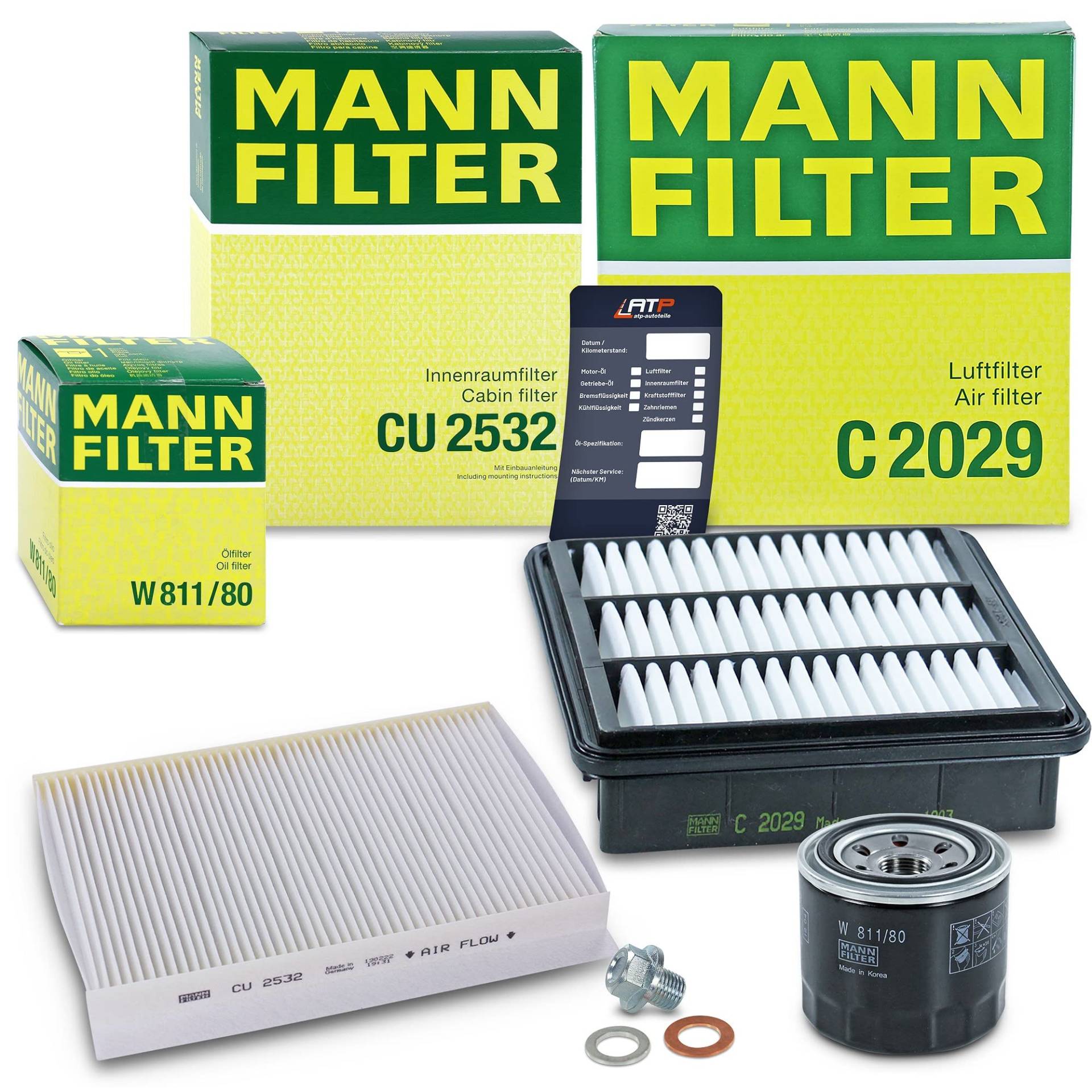 1x MANN-FILTER Ölfilter, 1x MANN-FILTER Luftfilter, 1x MANN-FILTER Innenraumfilter, 1x Ölablassschraube mit Dichtring, 1x Ölwechselanhänger Kompatibel mit KIA CEE'D (ED), HYUNDAI i30 (FD) von Generisch