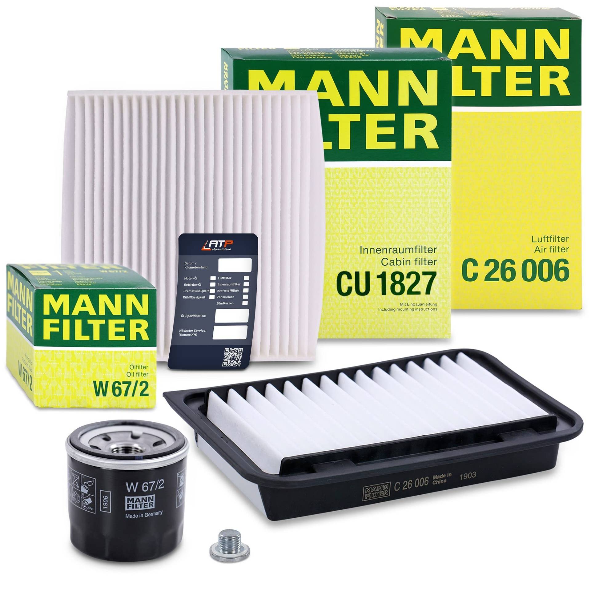 1x MANN-FILTER Ölfilter, 1x MANN-FILTER Luftfilter, 1x MANN-FILTER Innenraumfilter, 1x Ölablassschraube mit Dichtring, 1x Ölwechselanhänger Kompatibel mit SUZUKI SWIFT IV (FZ, NZ) von Generisch