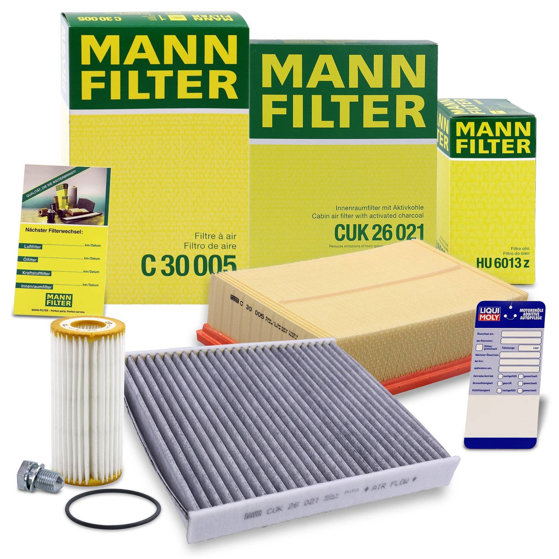 1x MANN-FILTER Ölfilter, 1x MANN-FILTER Luftfilter, 1x MANN-FILTER Innenraumfilter, 1x Ölablassschraube mit Dichtring Kompatibel mit AUDI A1 Sportback (GBA), VW POLO (AW1, BZ1, AE1) von Generisch