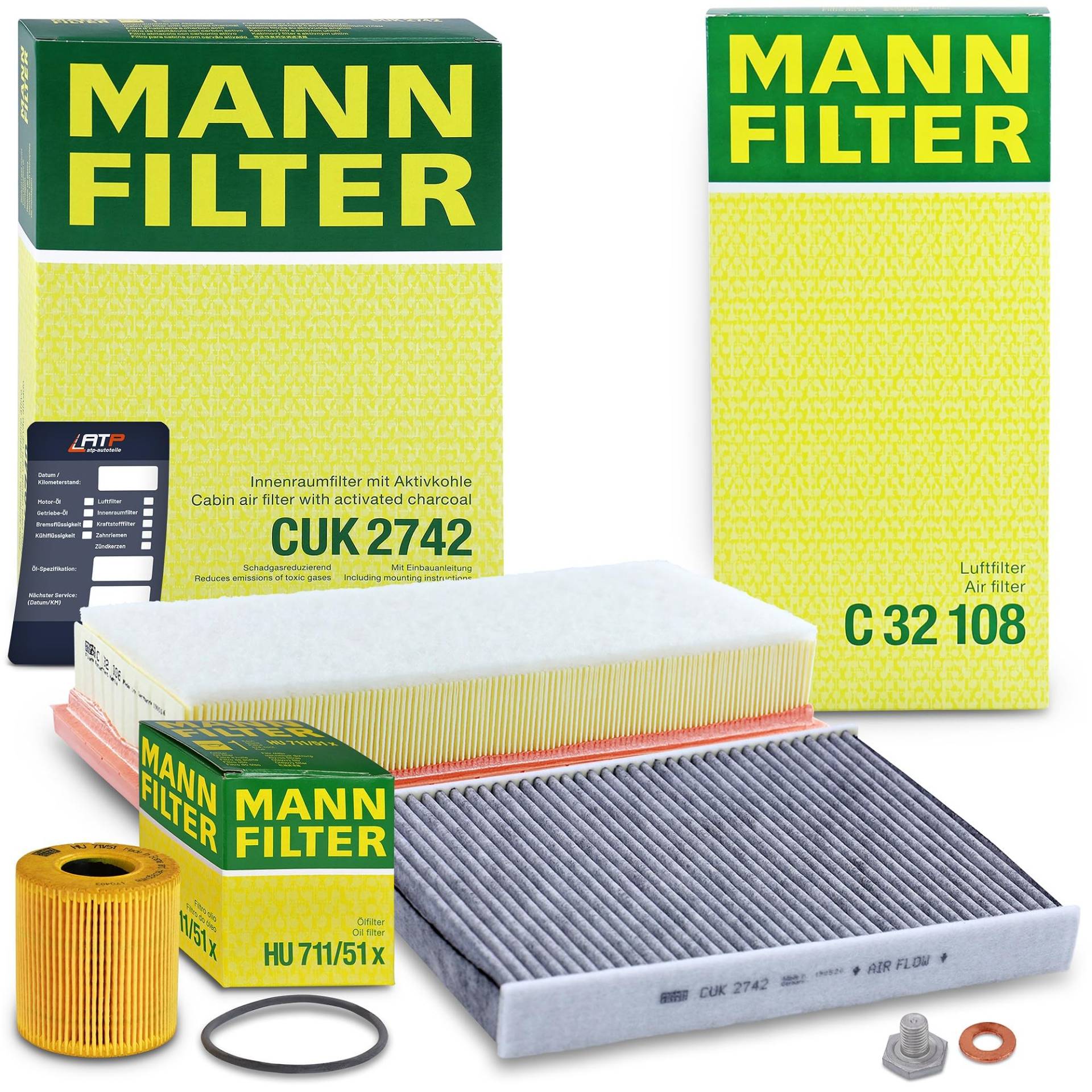 1x MANN-FILTER Ölfilter, 1x MANN-FILTER Luftfilter, 1x MANN-FILTER Innenraumfilter, 1x Ölablassschraube mit Dichtring Kompatibel mit CITROËN C5 III (RD_) (RW_), PEUGEOT 407 (6D_)(6C_)(6E_) von Generisch