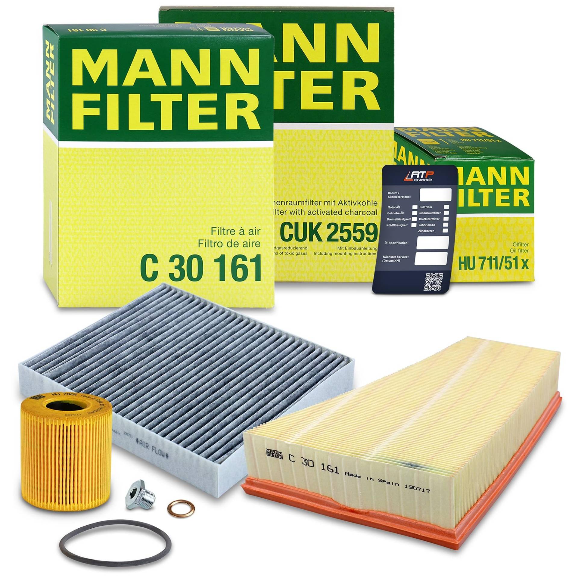 1x MANN-FILTER Ölfilter, 1x MANN-FILTER Luftfilter, 1x MANN-FILTER Innenraumfilter (Aktivkohlefilter), 1x Ölablassschraube Kompatibel mit FORD GALAXY Mk2 (WA6), MONDEO Mk4 (BA7), S-MAX (WA6) von Generisch