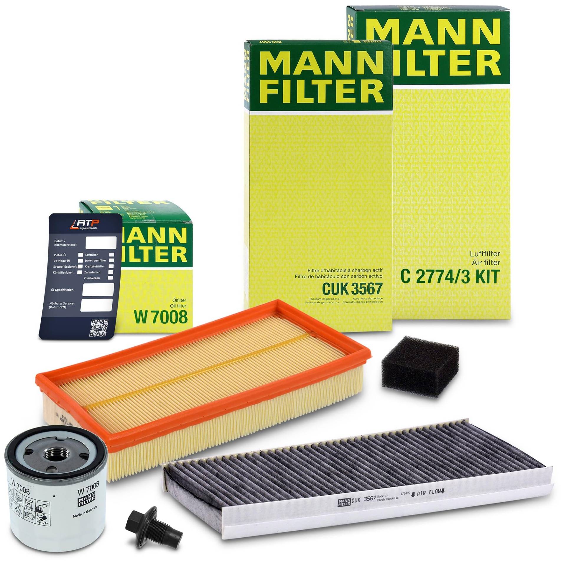 1x MANN-FILTER Ölfilter, 1x MANN-FILTER Luftfilter, 1x MANN-FILTER Innenraumfilter (Aktivkohlefilter), 1x Ölablassschraube mit Dichtring, 1x Ölwechselanhänger Kompatibel mit FORD FOCUS Mk1, von Generisch