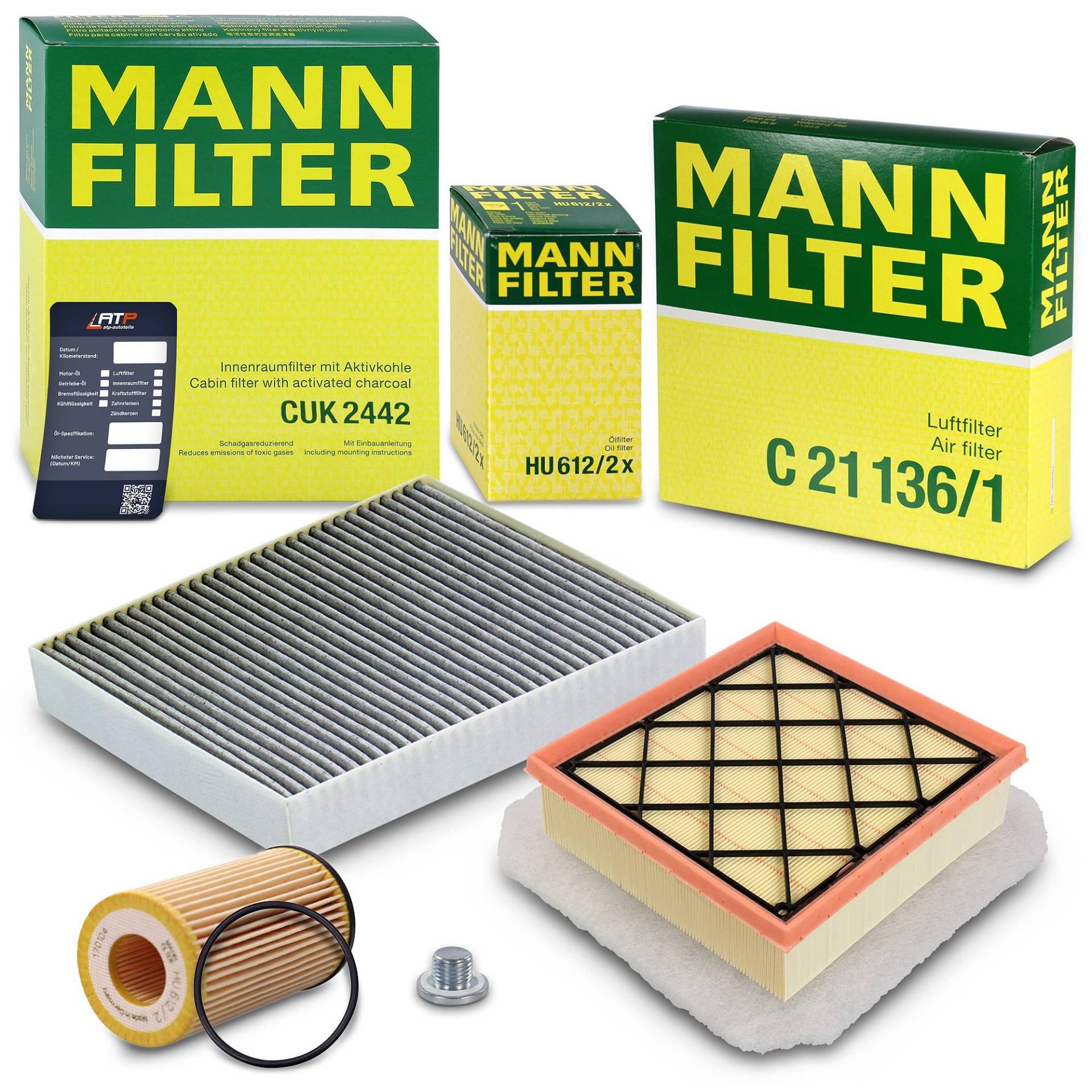 1x MANN-FILTER Ölfilter, 1x MANN-FILTER Luftfilter, 1x MANN-FILTER Innenraumfilter (Aktivkohlefilter), 1x Ölablassschraube mit Dichtring, 1x Ölwechselanhänger Kompatibel mit OPEL MERIVA B von Generisch