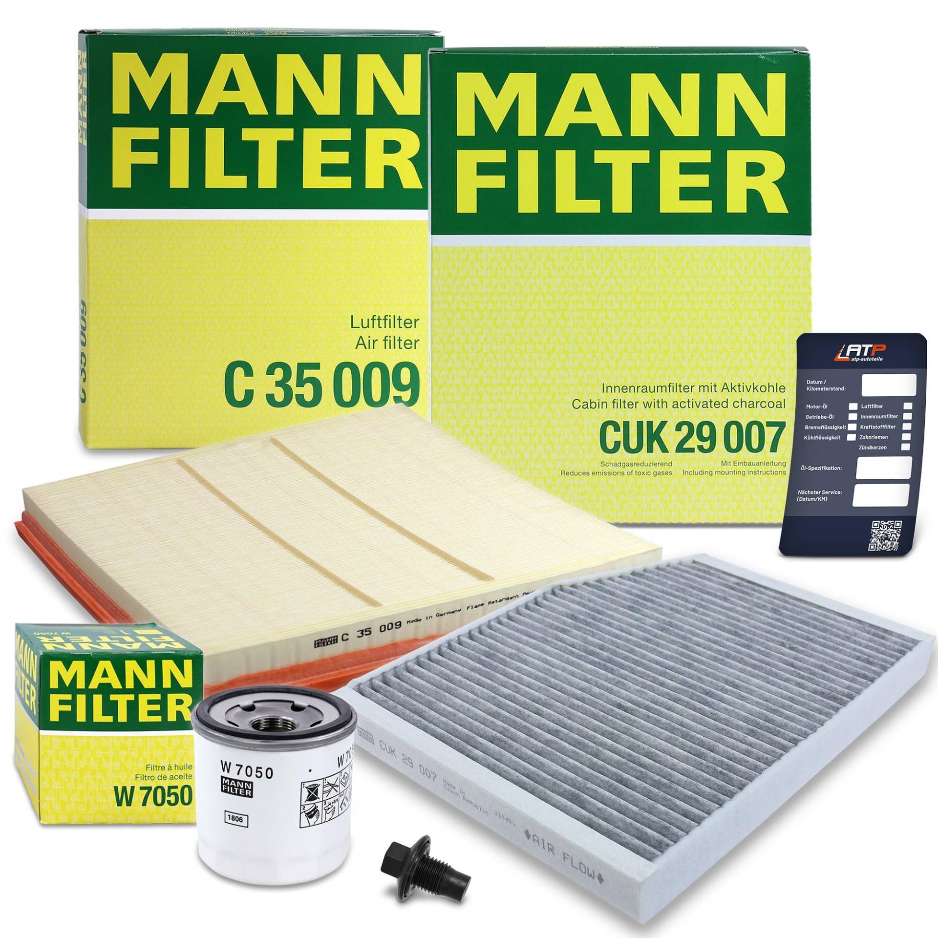 1x MANN-FILTER Ölfilter, 1x MANN-FILTER Luftfilter, 1x MANN-FILTER Innenraumfilter (Aktivkohlefilter), 1x Ölablassschraube mit Dichtring 1x Serviceanhänger von Generisch