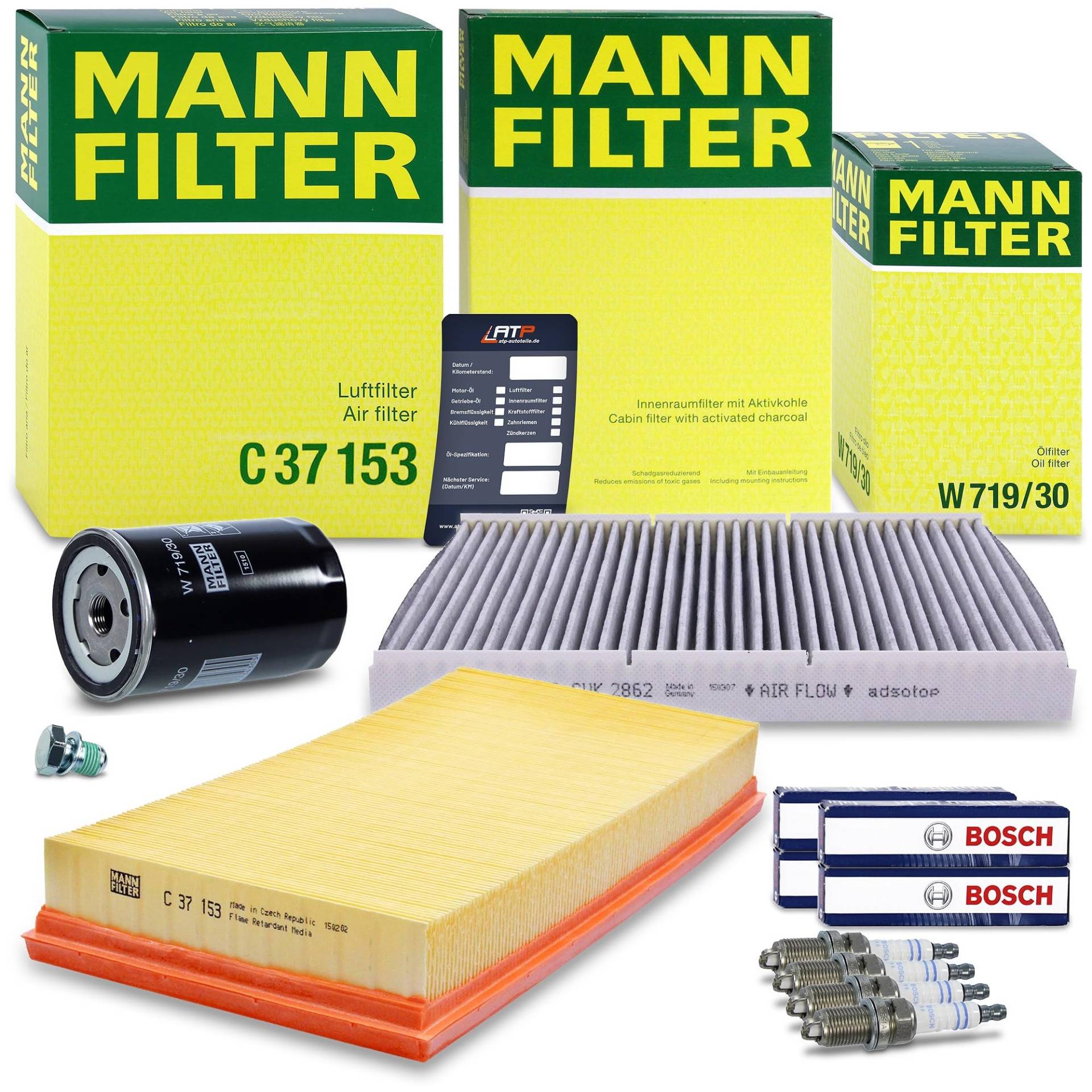 1x MANN-FILTER Ölfilter, 1x MANN-FILTER Luftfilter, 1x MANN-FILTER Innenraumfilter (Aktivkohlefilter), 4x Zündkerze, 1x Ölablassschraube mit Dichtung, 1x Ölwechselanhänger, von Generisch