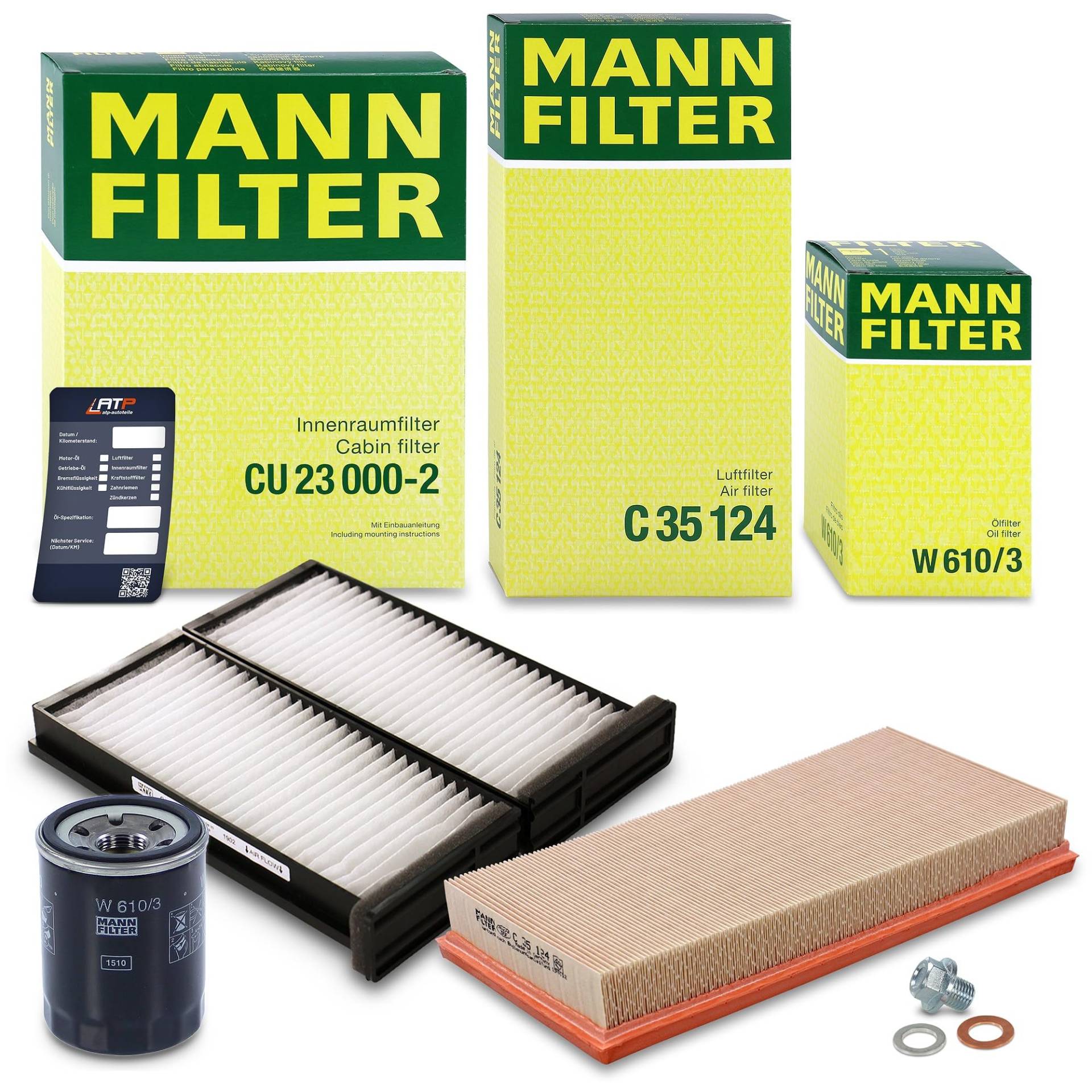 1x MANN-FILTER Ölfilter, 1x MANN-FILTER Luftfilter, 2x MANN-FILTER Innenraumfilter, 1x Ölablassschraube mit Dichtring, 1x Ölwechselanhänger Kompatibel mit MITSUBISHI CARISMA (DA_), SPACE STAR (DG_A) von Generisch