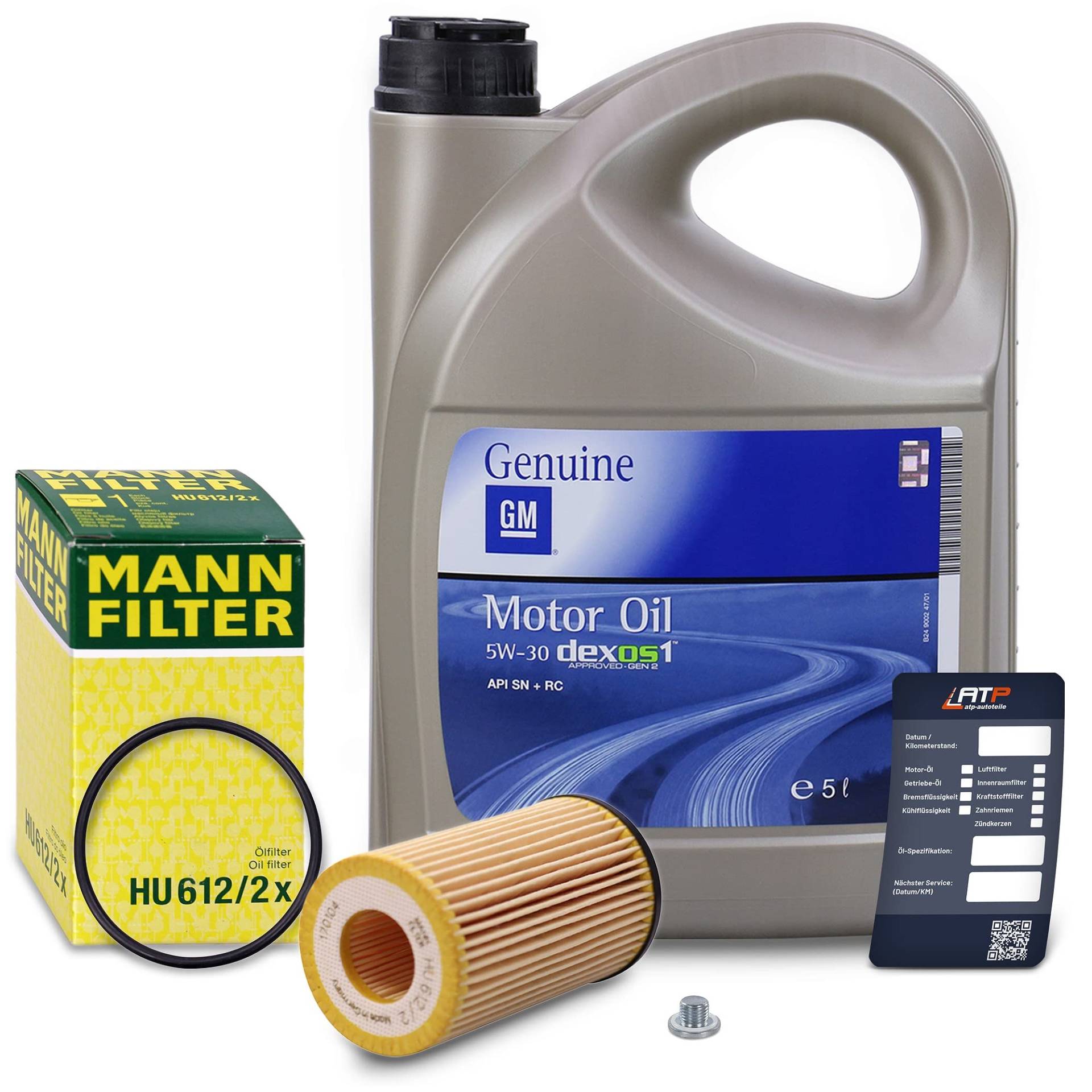 1x MANN-FILTER Ölfilter, 1x Ölablassschraube mit Dichtung, 1x Motoröl 5W-30 DEXOS1 GEN2 5 l, 1x Ölwechselanhänger, von Generisch