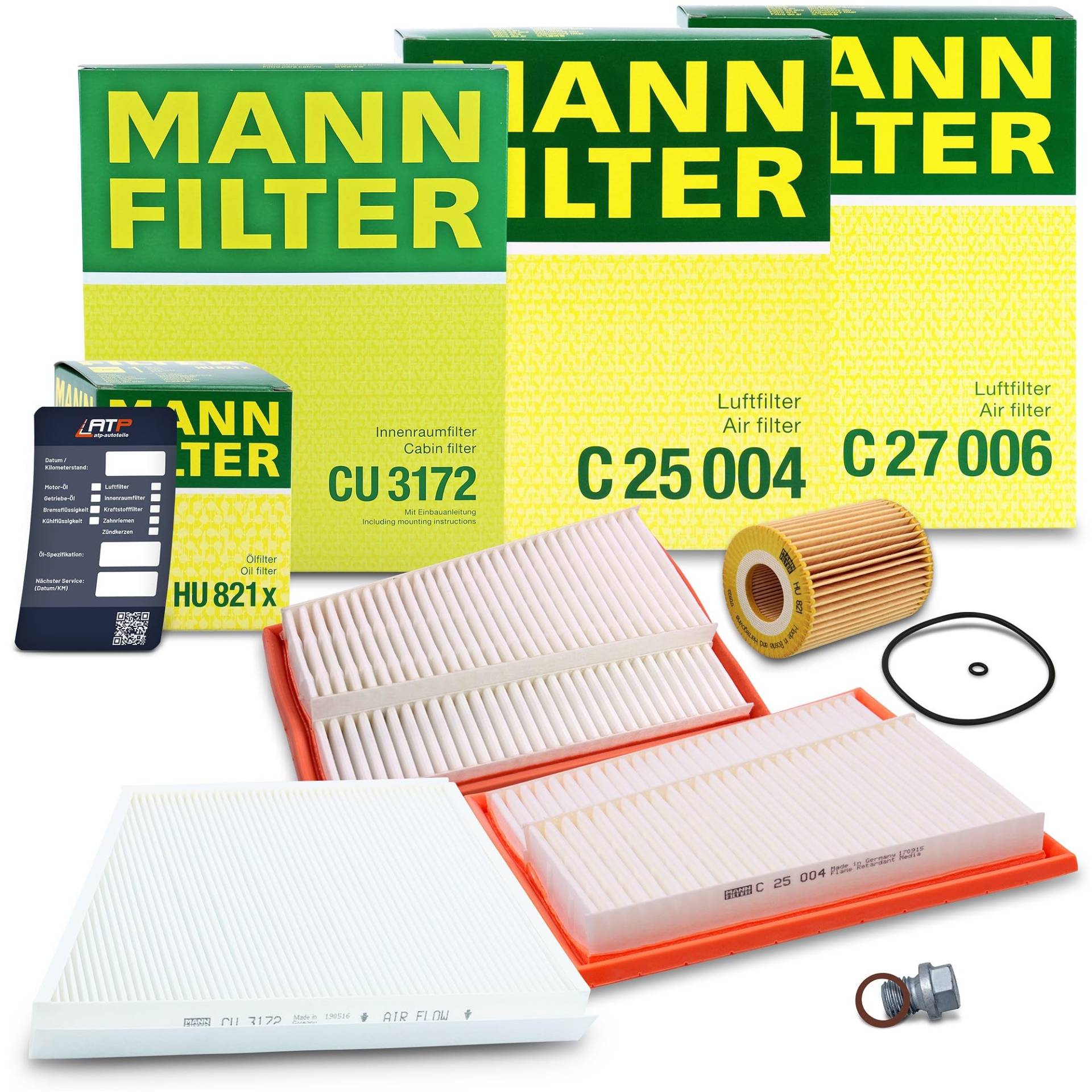 1x MANN-FILTER Ölfilter, 2x MANN-FILTER Luftfilter, 1x MANN-FILTER Innenraumfilter, 1x Ölablassschraube mit Dichtring, 1x Ölwechselanhänger Kompatibel mit MERCEDES-BENZ E-Klasse (W211)(S211) von Generisch