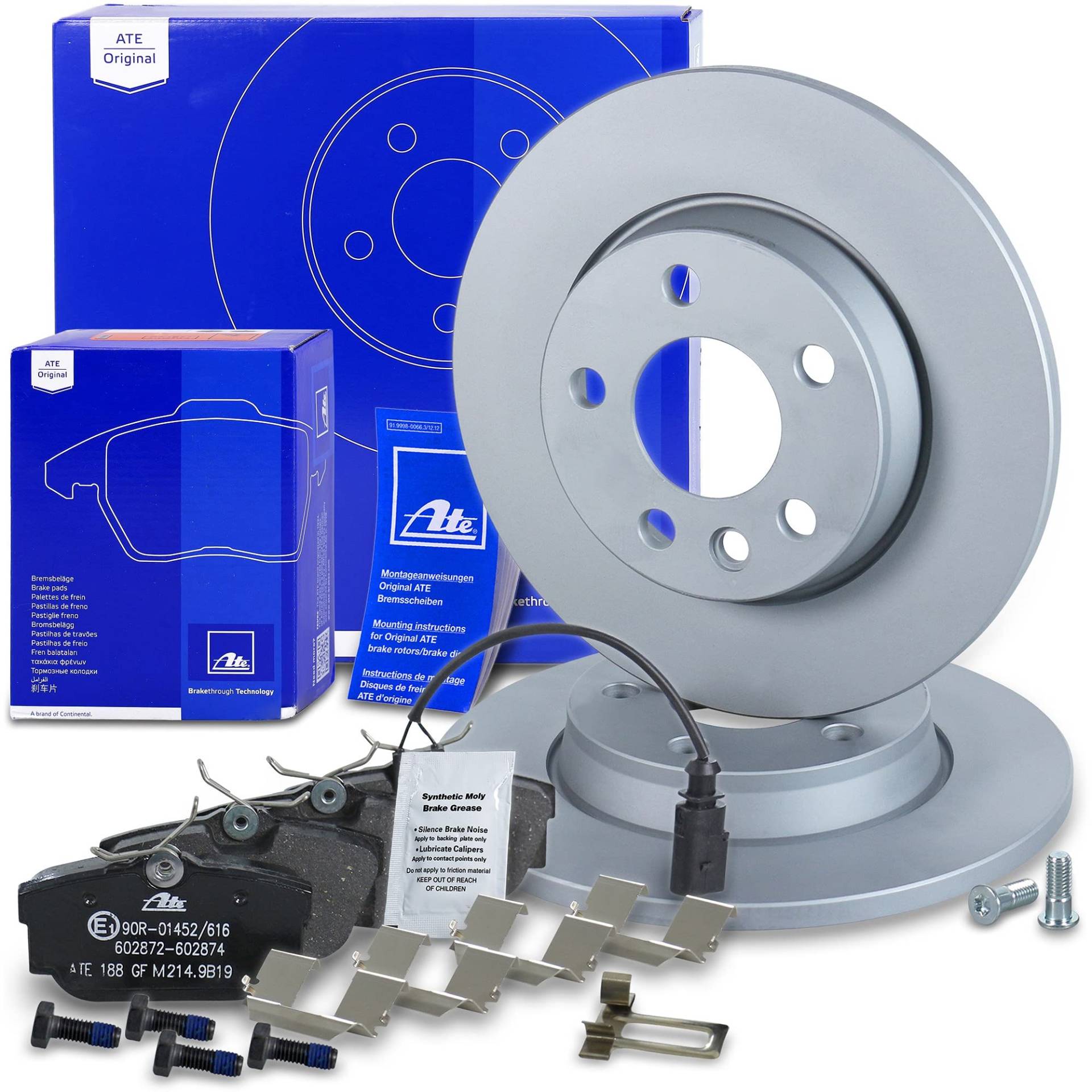 ATE Bremsenset Hinterachse inkl. Bremsscheiben hinten Ø 280 mm voll und Bremsbeläge hinten + Verschleißkontakt Kompatibel mit TRANSPORTER T4 Bus, Kasten, Pritsche von Generisch