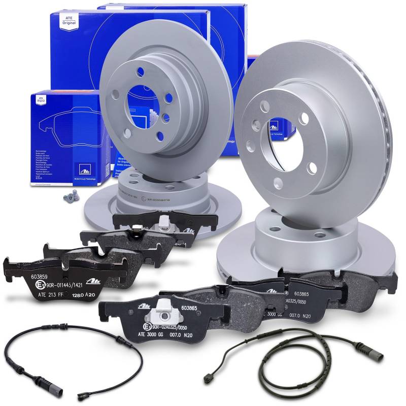 ATE Bremsenset inkl. Bremsscheiben vorne Ø 284 mm belüftet + hinten Ø 290 mm voll und Bremsbeläge vorne + hinten und Verschleißkontakt Kompatibel mit BMW 1er, 2er von ATE