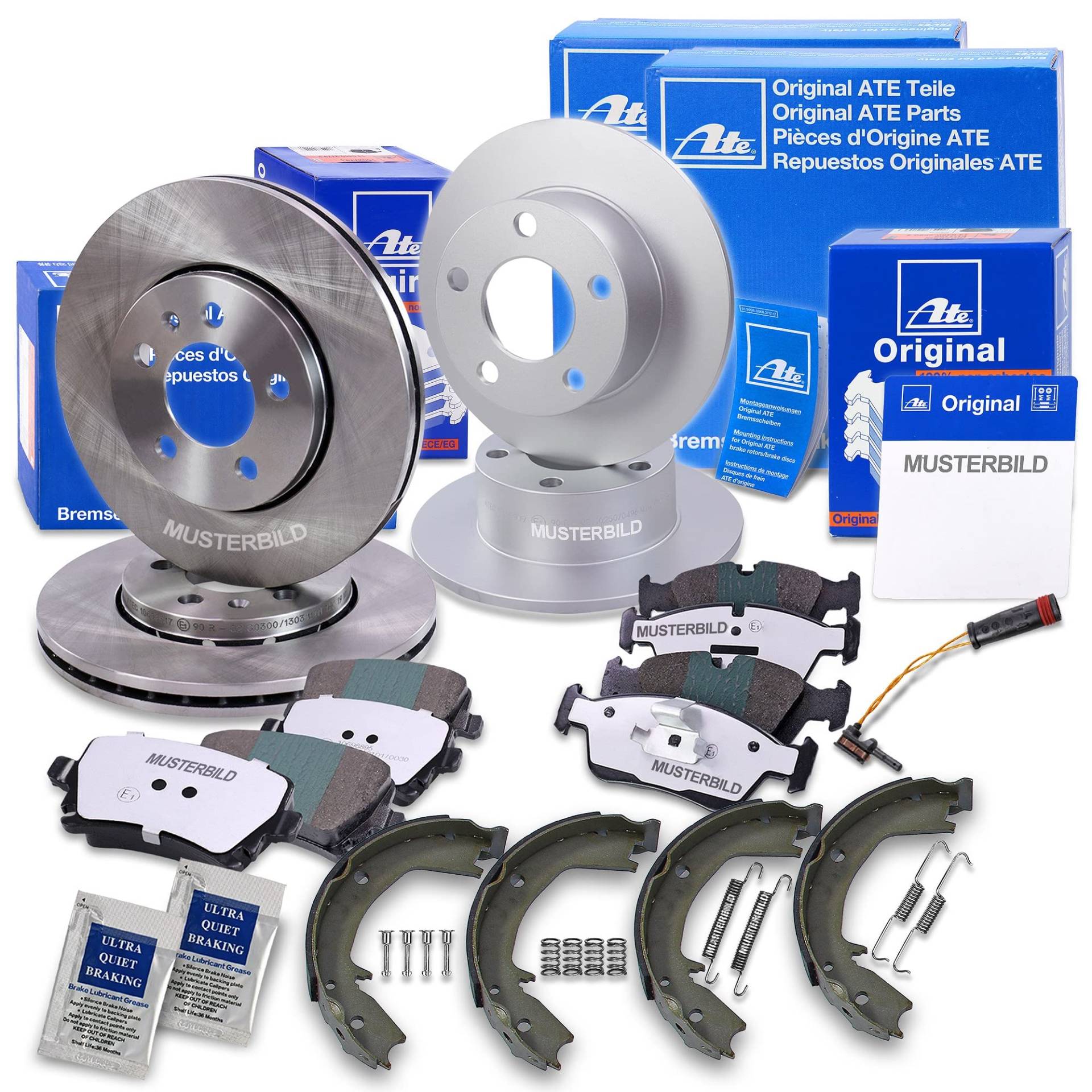 ATE Bremsenset inkl. Bremsscheiben vorne Ø 288 mm belüftet + hinten Ø 258 mm voll und Bremsbeläge vorne + hinten und Warnkontakt und Bremsbacken Kompatibel mit MERCEDES A-Klasse (W169), B-Klasse(W245) von Generisch