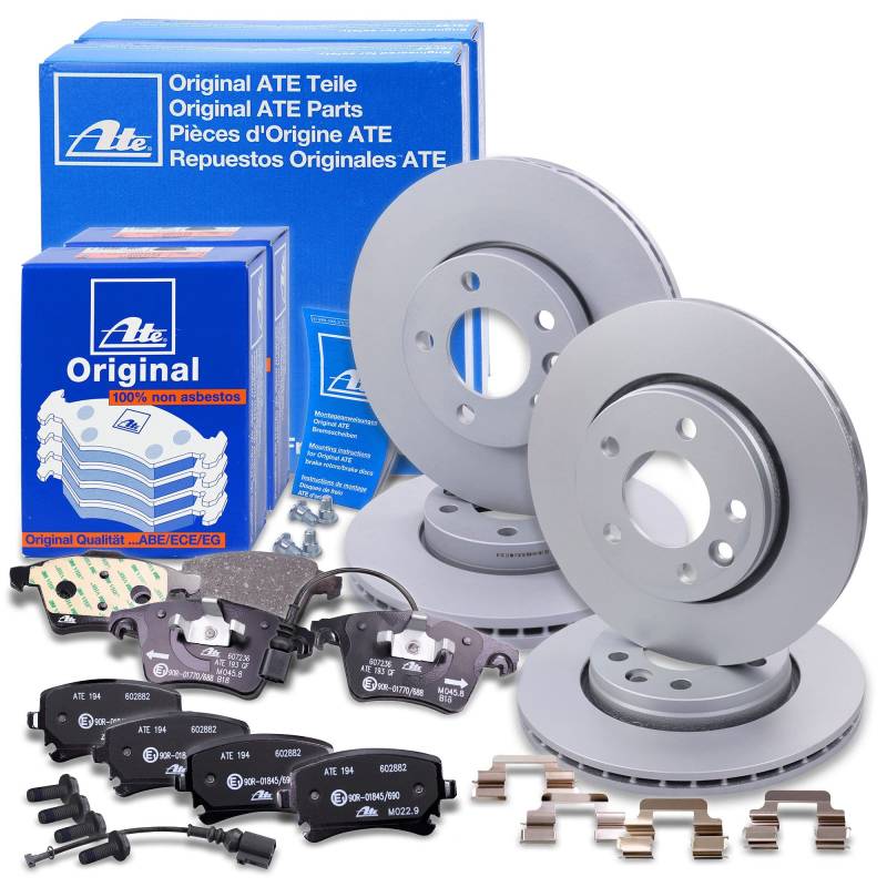 ATE Bremsenset inkl. Bremsscheiben vorne Ø 308 mm belüftet + hinten Ø 294 mm belüftet und Bremsbelägevorne + hinten und Warnkontakt Kompatibel mit VW CALIFORNIA Camper, MULTIVAN, TRANSPORTER T5 + T6 von Generisch