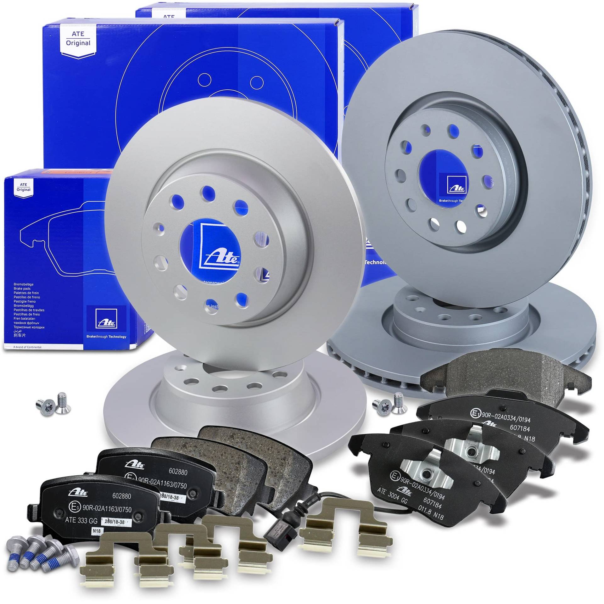 ATE Bremsenset inkl. Bremsscheiben vorne Ø 312 mm belüftet + hinten Ø 282 mm voll und Bremsbeläge vorne + hinten und Warnkontakt Kompatibel mit AUDI A3, SEAT, LEON, SKODA OCTAVIA, VW GOLF, JETTA von Generisch