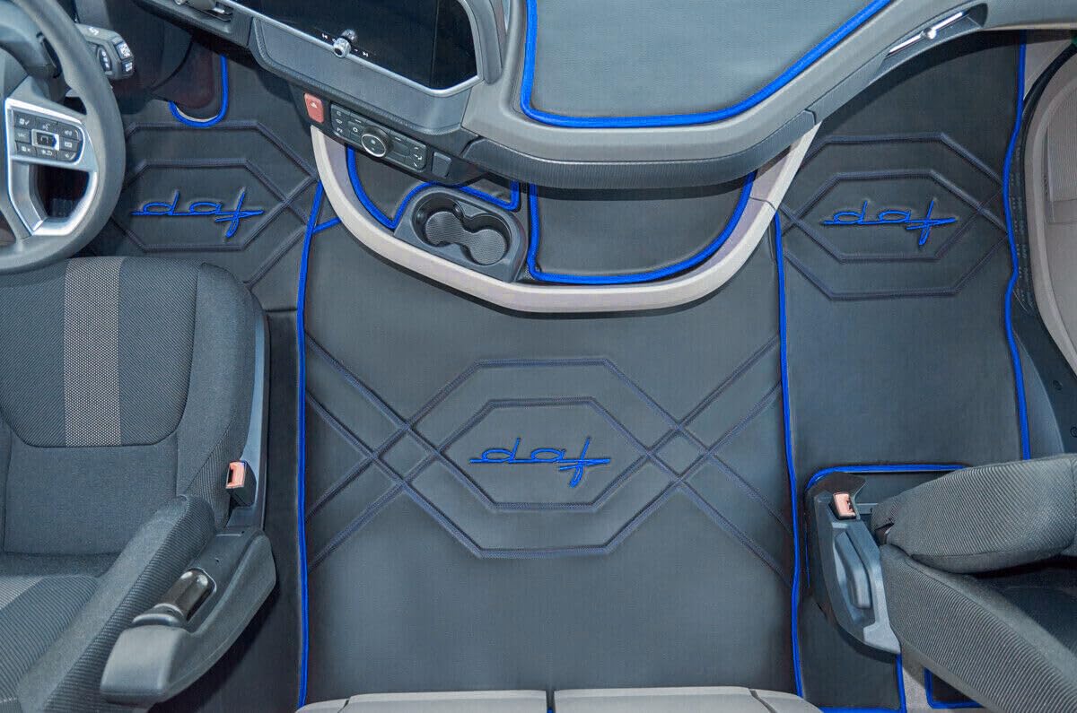 Fußmatten [Glattes Ökoleder] passend für DAF XG [NEU] ab 2022 - Klappbarer Beifahrersitz - SCHWARZ/Blau von Generisch