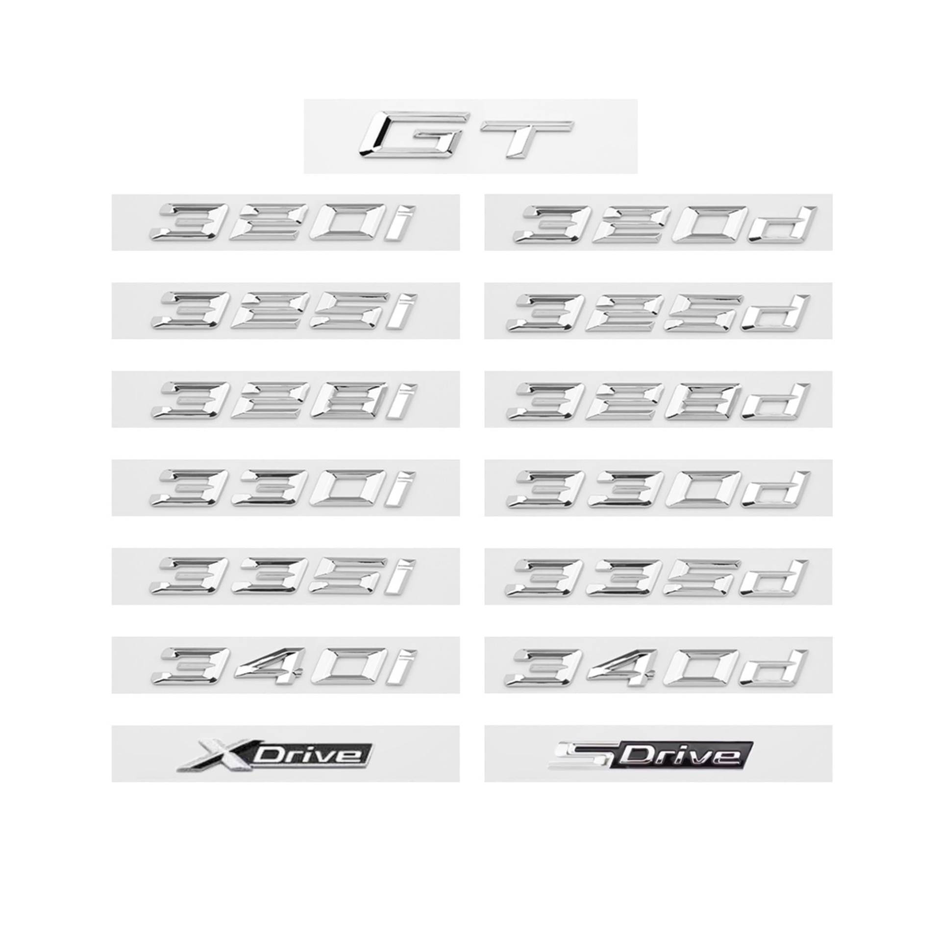 Generisch Chrom-Silber GT 320i 320d 325i 325d 330i XDrive ABS Zahlen Buchstaben Emblem Kompatibel mit 3er E90 E46 F30 Kofferraum-Logo-Aufkleber(340i) von Generisch