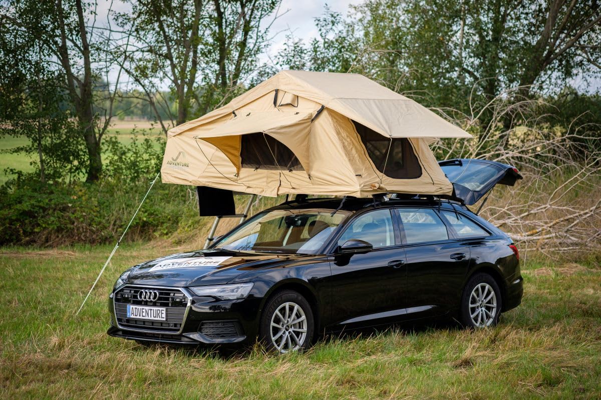 Adventure Xperience Adventurer140 PKW Dachzelt inkl. 140 x 240 Matratze (60 mm stark) + 3D Mesh; Teleskopleiter bis 2,1m KFZ Höhe; KFZ Softcover Klappdachzelt Auto 140 cm von Adventure Xperience