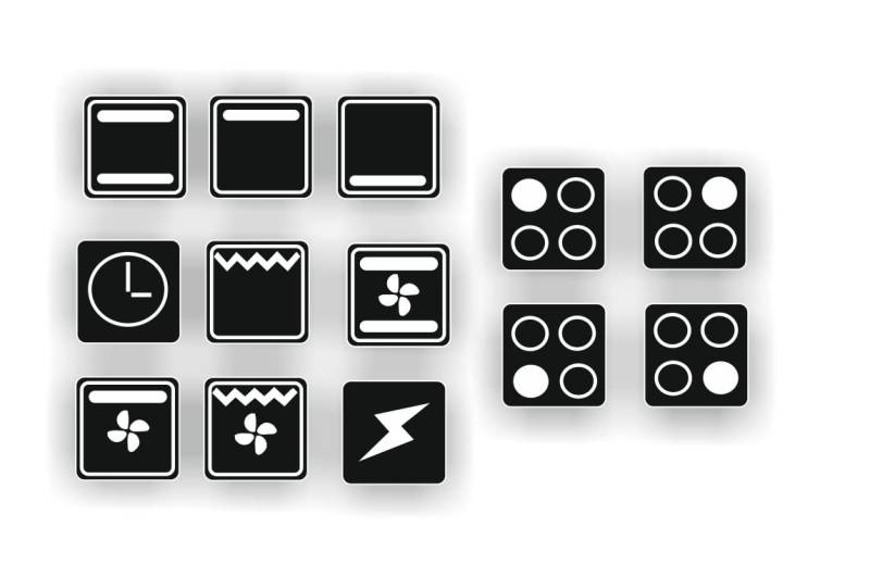generisch EIN Set mit 13 Stück Herd Aufkleber E Herd Beschriftung Ofen Koch Schalter Zeichen Symbole (R29/1) (Nr.2 weiße Symbole auf schwarzem Grund, 0,5 x 0,5 cm) von generisch