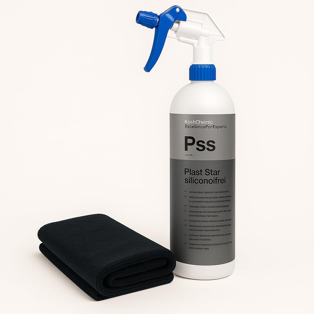 Generisch Koch Chemie Plast Star siliconölfrei Pss + Mikrofasertuch schwarz (40 x 40) + Clean² Sprühkopf– Kunststoffpflege für Innen & Außen – seidenmatter Glanz – Clean² Kunststoffpflege-Bundle von Generisch