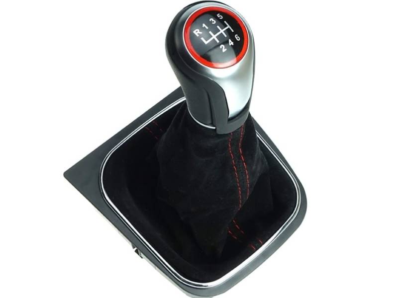 Generisch Schaltknauf + Schaltmanschette + Rahmen 6 Gang aus Alcantara - rote Naht - roter Ring - kompatibel/Ersatzteil für VW Golf 5 6 | Jetta V + VI | EOS | Scirocco 3 von Generisch