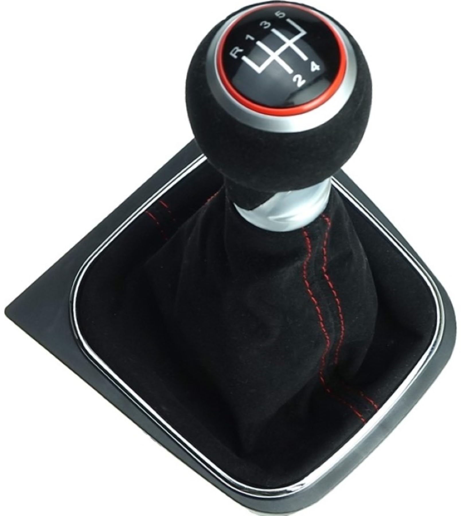 Generisch Schaltknauf Schaltsack Schaltmanschette Rahmen 5 Gang aus Alcantara - rote Naht - roter Ring - kompatibel/Ersatzteil für VW Golf 5 6 | Jetta V + VI | EOS | Scirocco 3 von Generisch