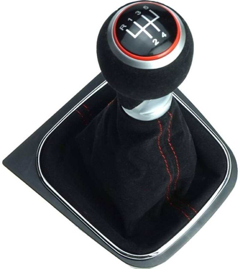 Generisch Schaltknauf Schaltsack Schaltmanschette Rahmen 5 Gang aus Alcantara - rote Naht - roter Ring - kompatibel/Ersatzteil für VW Golf 5 6 | Jetta V + VI | EOS | Scirocco 3 von Generisch