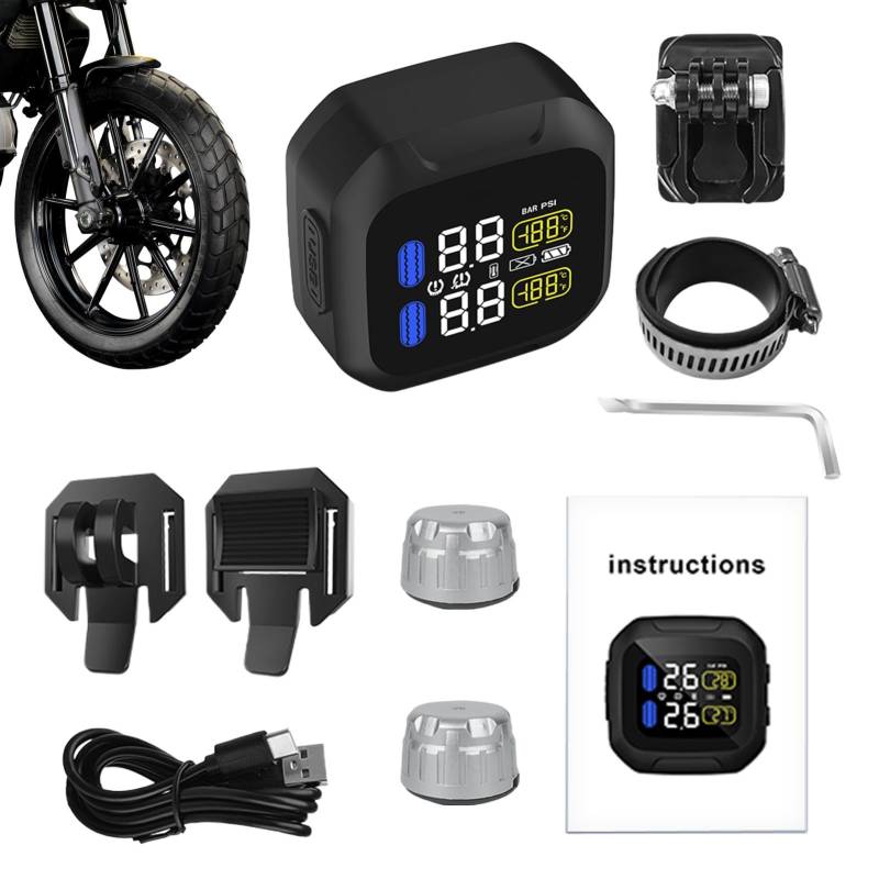 Generisch Solar-Reifendruckkontrollsystem, Reifendruckkontrollsystem für Motorräder - Solar USB wiederaufladbares TPMS,Wasserdichtes Reifendruckkontrollsystem für Fahrsicherheit von Generisch