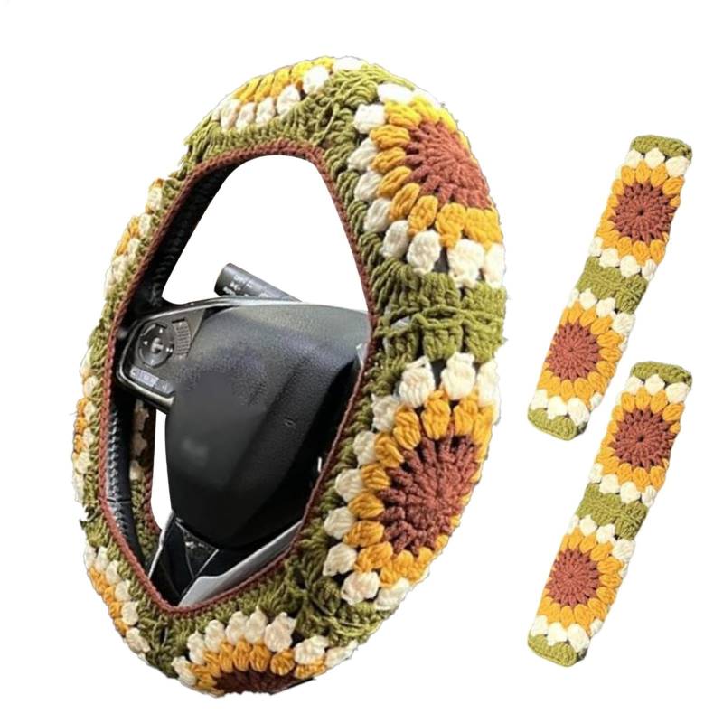 Häkeln Sonnenblumen Lenkradbezug, Boho Crochet Steering Wheel Cover, Lenkradhülle Mit 2 Gurtpolster, Autozubehör Innenraum Deko Frauen von Generisch