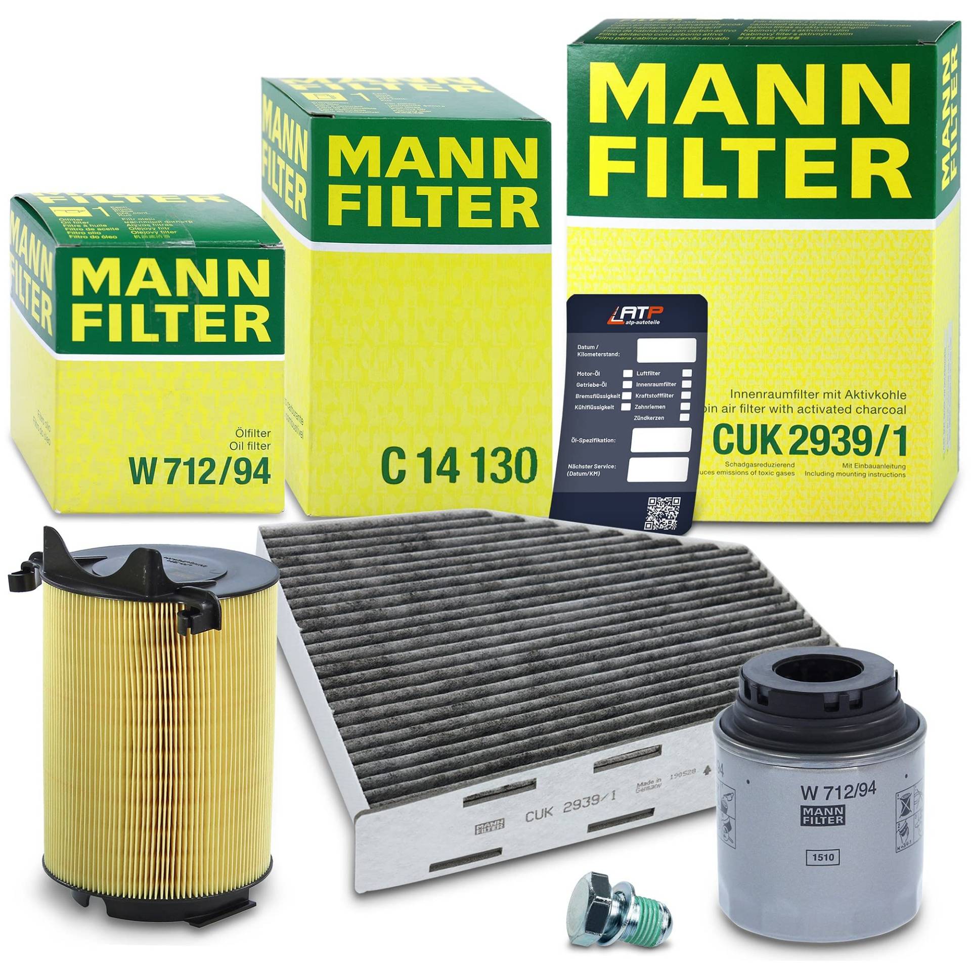 MANN-FILTER Inspektionspaket Filterset 1x Ölfilter, 1x Luftfilter, 1x Innenraumfilter (Aktivkohlefilter), 1x Ölablassschraube mit Dichtring, 1x Ölwechselanhänger, von Generisch
