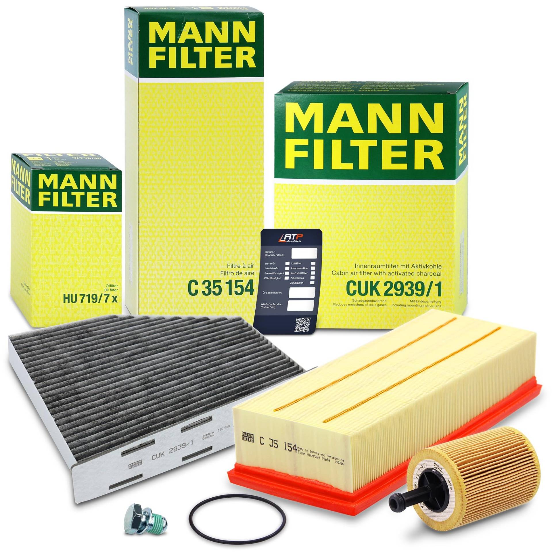 Inspektionspaket Filterset 1x MANN-FILTER Ölfilter, 1x MANN-FILTER Luftfilter, 1x MANN-FILTER Innenraumfilter (Aktivkohlefilter), 1x Ölablassschraube mit Dichtring, 1x Ölwechselanhänger, von Generisch