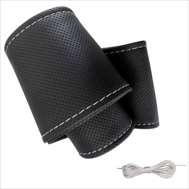 Lenkradbezug Pu Leder, Auto Lenkradhülle zum schnüren Nähen mit Nadel und Faden gepunktet UNIVERSALGRÖSSE 37-39 cm M2 Schwarz Weisses Naht von Generisch