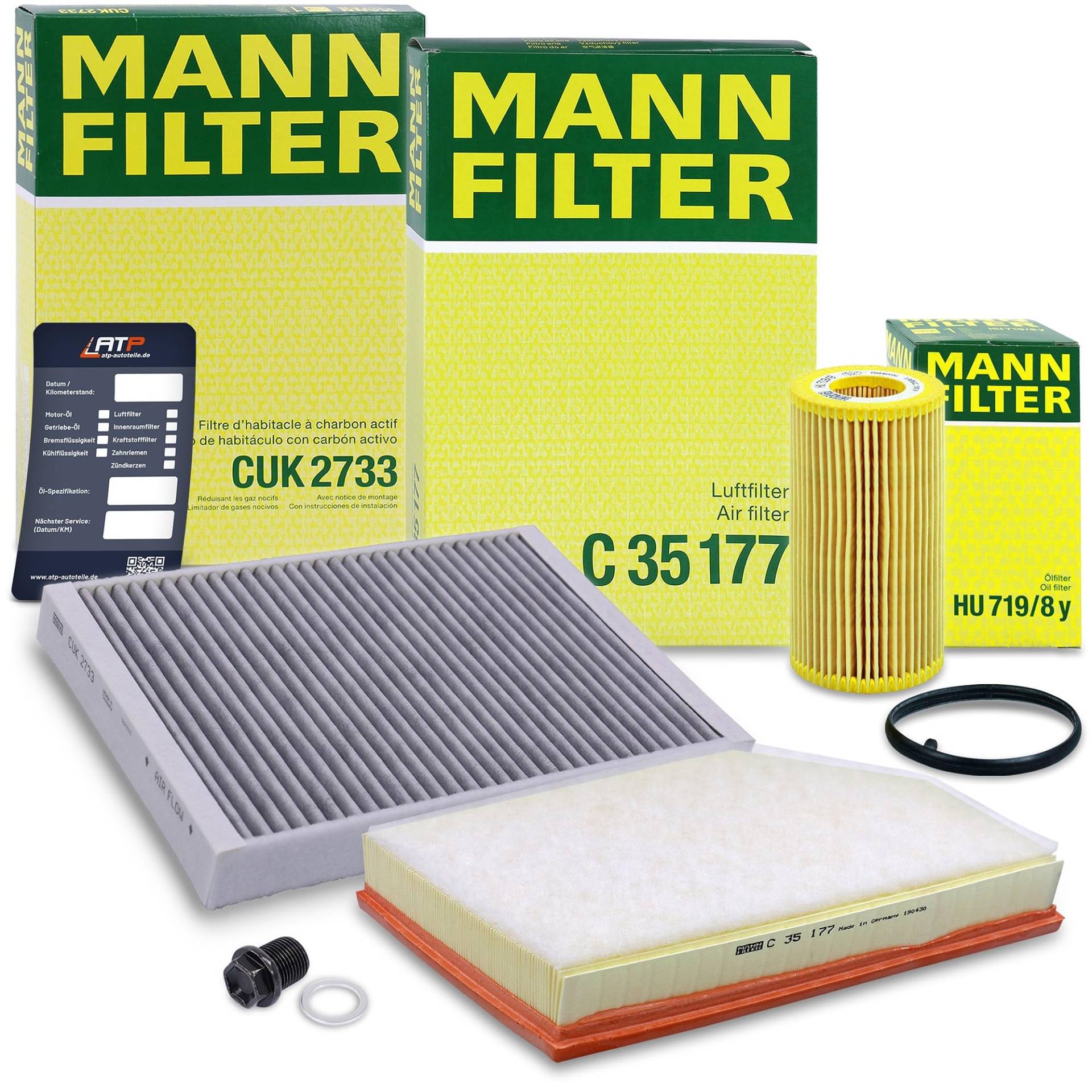 MANN-FILTER Inspektionspaket Filterset 1x MANN-FILTER Ölfilter, 1x MANN-FILTER Luftfilter, 1x MANN-FILTER Innenraumfilter (Aktivkohlefilter), 1x Ölablassschraube mit Dichtring, 1x Ölwechselanhänger, von Generisch